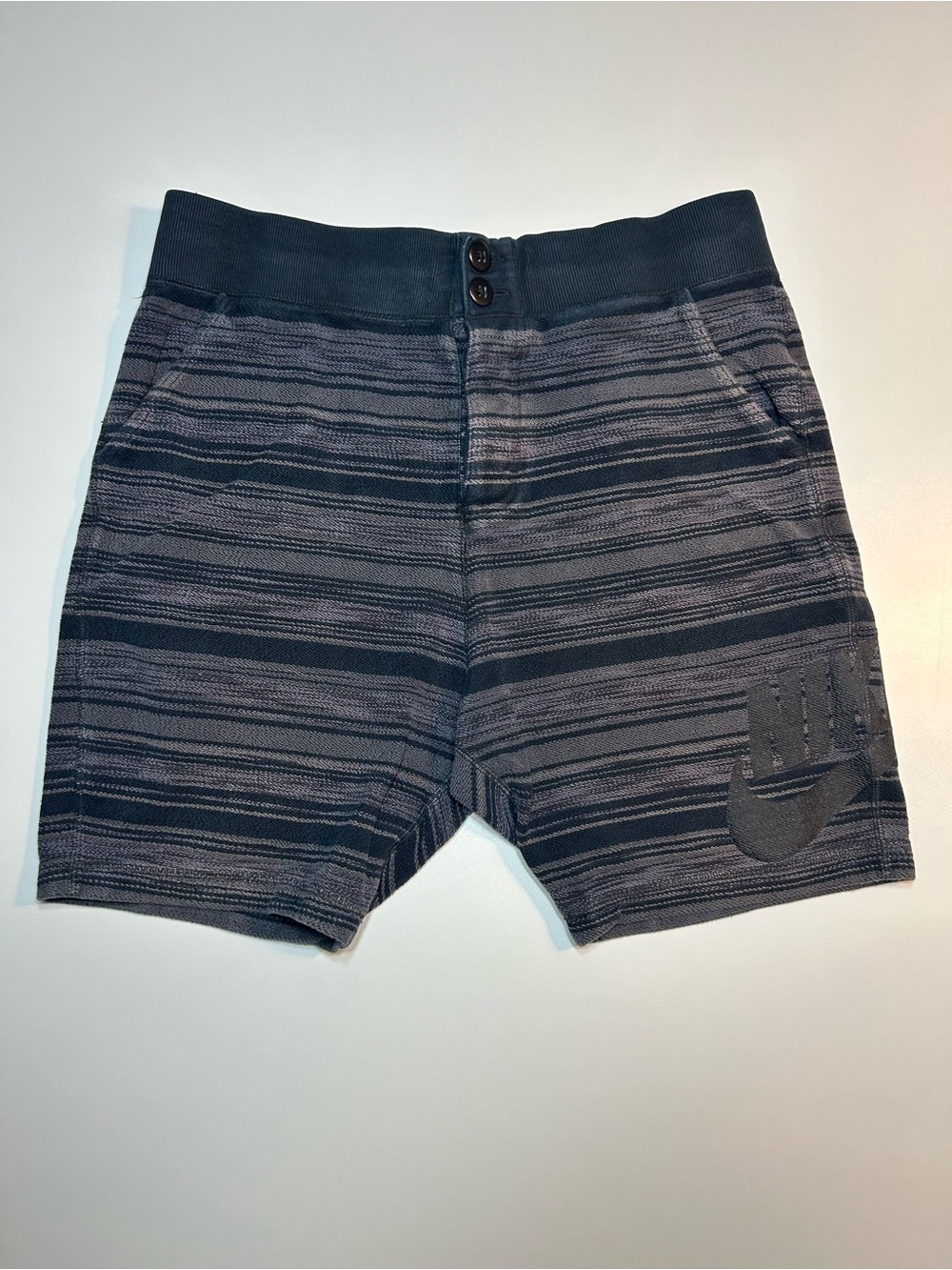 Nike Sportswear Heritage Striped Shorts Grey Navy Button Waist Logo